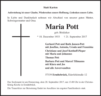 Traueranzeige von Maria Pott von Siegener Zeitung