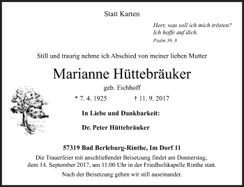 Traueranzeige von Marianne Hüttebräuker von Siegener Zeitung