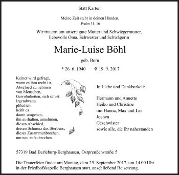 Traueranzeige von Marie-Luise Böhl von Siegener Zeitung