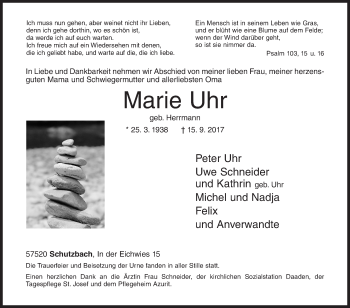 Traueranzeige von Marie Uhr von Siegener Zeitung