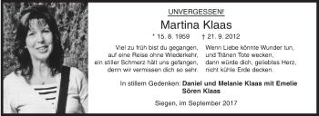 Traueranzeige von Martina Klaas von Siegener Zeitung