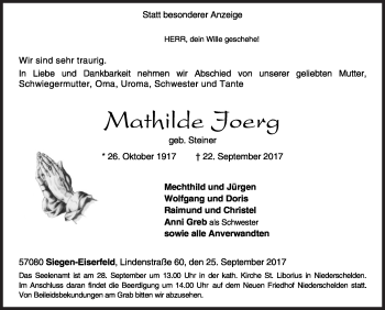 Traueranzeige von Mathilde Joerg von Siegener Zeitung