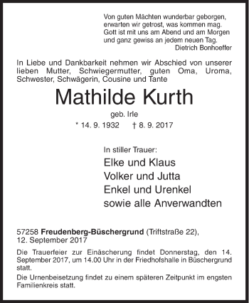 Traueranzeige von Mathilde Kurth von Siegener Zeitung