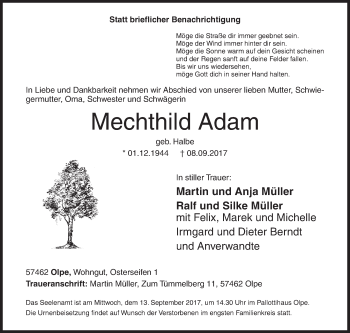 Traueranzeige von Mechthild Adam von Siegener Zeitung