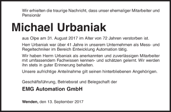 Traueranzeige von Michael Urbaniak von Siegener Zeitung