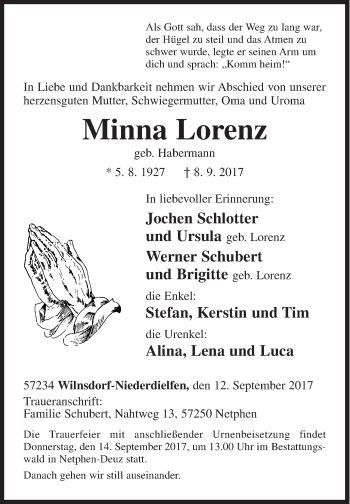 Traueranzeige von Minna Lorenz von Siegener Zeitung