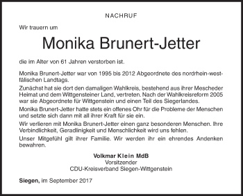 Traueranzeige von Monika Brunert-Jetter von Siegener Zeitung