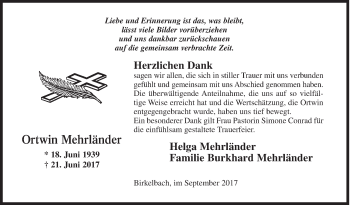 Traueranzeige von Ortwin Mehrländer von Siegener Zeitung