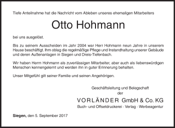 Traueranzeige von Otto Hohmann von Siegener Zeitung