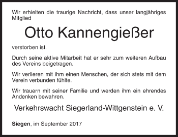 Traueranzeige von Otto Kannengießer von Siegener Zeitung