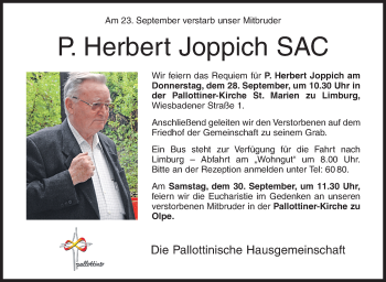 Traueranzeige von P. Herbert Joppich von Siegener Zeitung