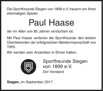 Traueranzeige von Paul Haase von Siegener Zeitung