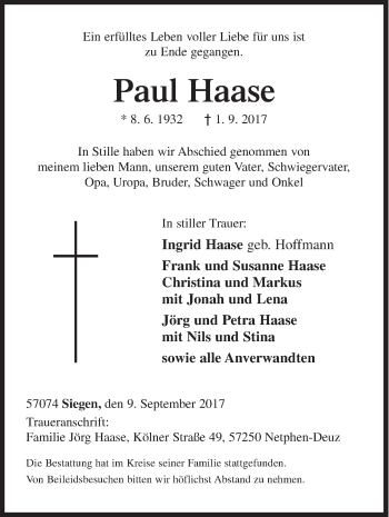 Traueranzeige von Paul Haase von Siegener Zeitung