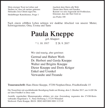 Traueranzeige von Paula Kneppe von Siegener Zeitung