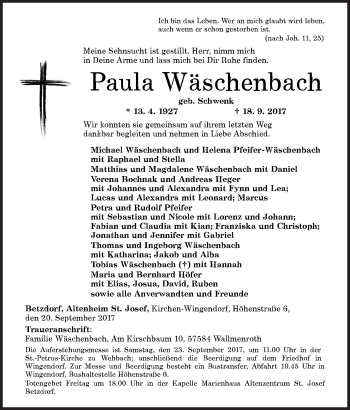 Traueranzeige von Paula Wäschenbach von Siegener Zeitung