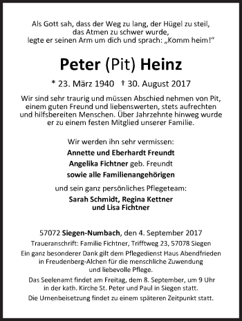Traueranzeige von Peter Heinz von Siegener Zeitung