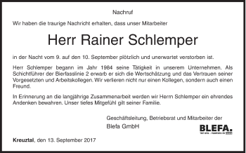 Traueranzeige von Rainer Schlemper von Siegener Zeitung