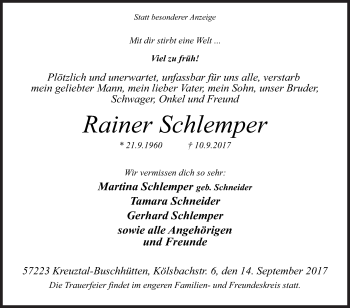 Traueranzeige von Rainer Schlemper von Siegener Zeitung