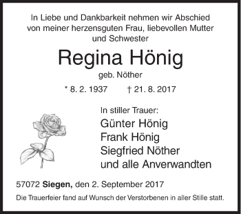 Traueranzeige von Regina Hönig von Siegener Zeitung