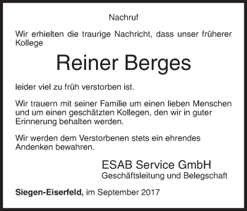 Traueranzeige von Reiner Berges von Siegener Zeitung