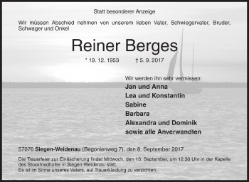 Traueranzeige von Reiner Berges von Siegener Zeitung