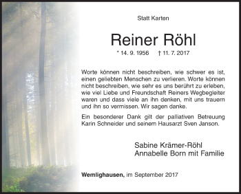 Traueranzeige von Reiner Röhl von Siegener Zeitung