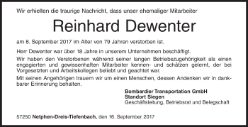 Traueranzeige von Reinhard Dewenter von Siegener Zeitung