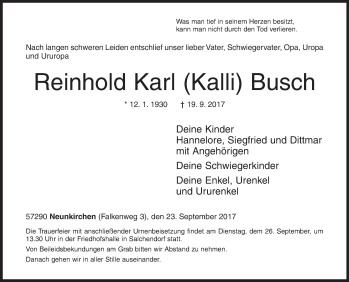 Traueranzeige von Reinhold Karl Busch von Siegener Zeitung