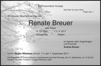Traueranzeige von Renate Breuer von Siegener Zeitung