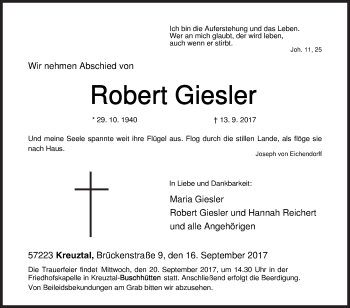 Traueranzeige von Robert Giesler von Siegener Zeitung