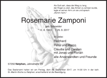 Traueranzeige von Rosemarie Zamponi von Siegener Zeitung