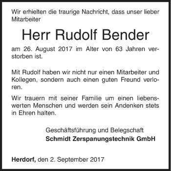 Traueranzeige von Rudolf Bender von Siegener Zeitung
