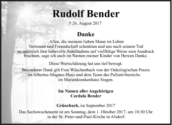 Traueranzeige von Rudolf Bender von Siegener Zeitung