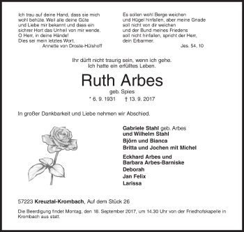 Traueranzeige von Ruth Arbes von Siegener Zeitung
