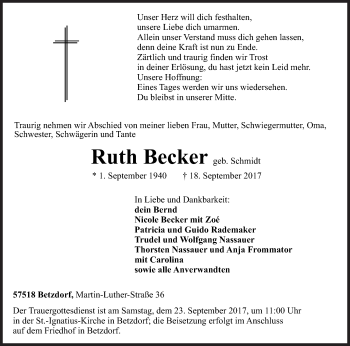 Traueranzeige von Ruth Becker von Siegener Zeitung