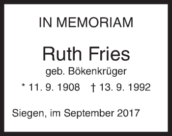 Traueranzeige von Ruth Fries von Siegener Zeitung