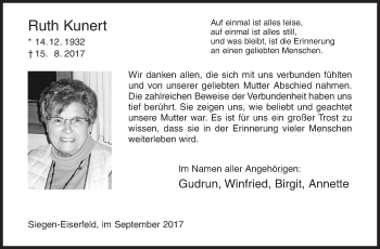 Traueranzeige von Ruth Kunert von Siegener Zeitung