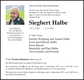 Traueranzeige von Siegbert Halbe von Siegener Zeitung