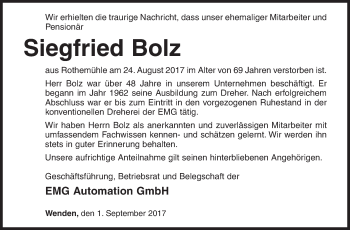 Traueranzeige von Siegfried Bolz von Siegener Zeitung