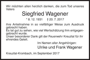 Traueranzeige von Siegfried Wagener von Siegener Zeitung