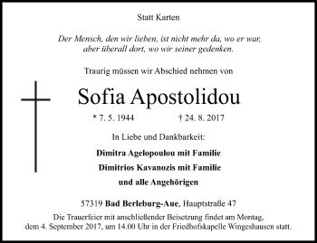 Traueranzeige von Sofia Apostolidou von Siegener Zeitung