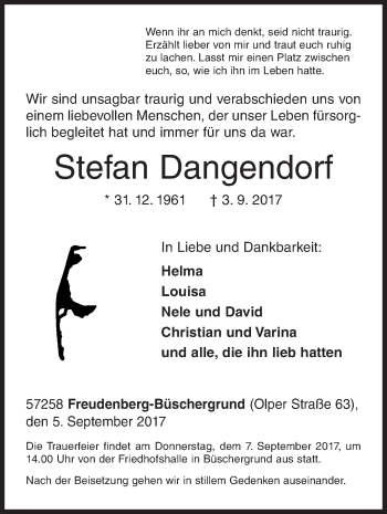 Traueranzeige von Stefan Dangendorf von Siegener Zeitung