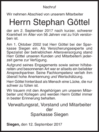 Traueranzeige von Stephan Göttel von Siegener Zeitung