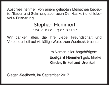 Traueranzeige von Stephan Hemmert von Siegener Zeitung