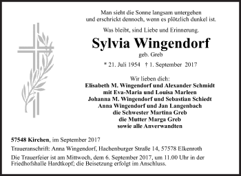 Traueranzeige von Sylvia Wingendorf von Siegener Zeitung