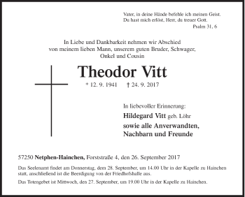 Traueranzeige von Theodor Vitt von Siegener Zeitung