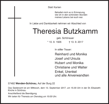 Traueranzeige von Theresia Butzkamm von Siegener Zeitung