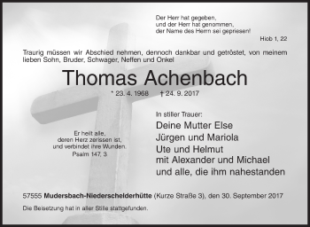 Traueranzeige von Thomas Achenbach von Siegener Zeitung