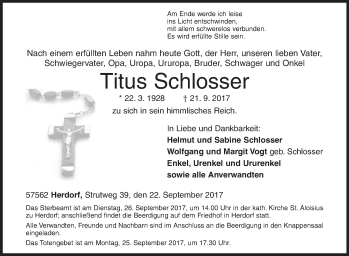 Traueranzeige von Titus Schlosser von Siegener Zeitung