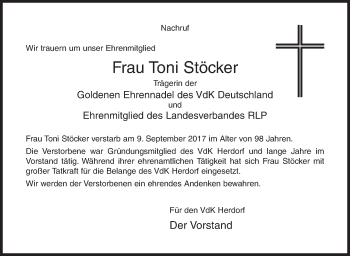 Traueranzeige von Toni Stöcker von Siegener Zeitung